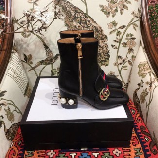 구찌 가죽 미드힐 앵클 부츠 432060 블랙