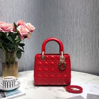 디올 레이디백 미듐 M0535 레드 금장