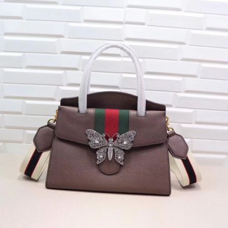 구찌 나비 디테일의 가죽 탑 핸들 백 505342 브라운